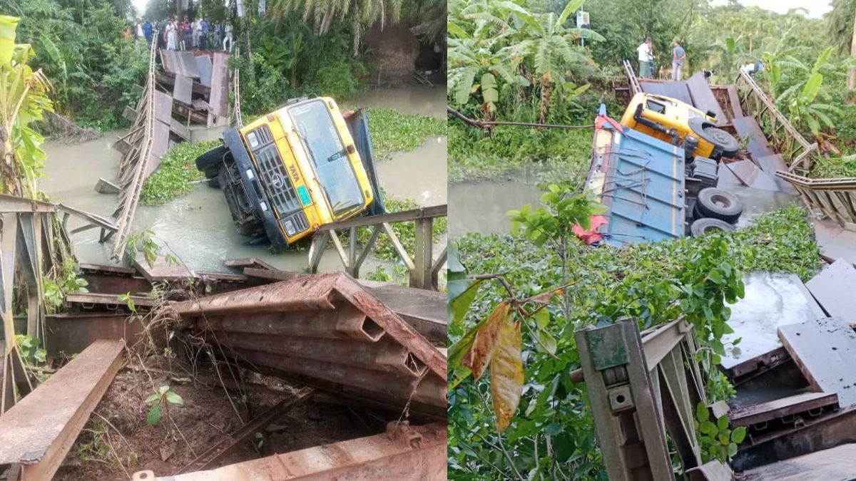 পিরোজপুরে ব্রিজ ভেঙে খালে কয়লা বোঝাই ট্রাক, বন্ধ যান চলাচল