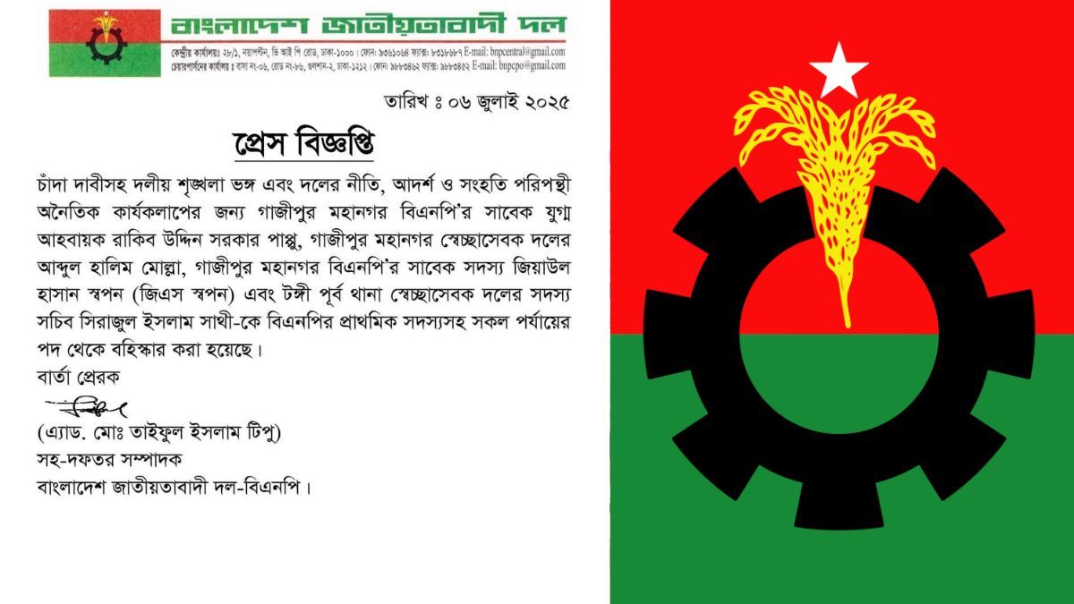 গাজীপুর মহানগর বিএনপির ৪ নেতা বহিষ্কার