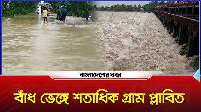 বাঁধ ভেঙ্গে হুহু করে লোকালয়ে ঢুকছে পানি, ৪ উপজেলায় শতাধিক গ্রাম প্লাবিত