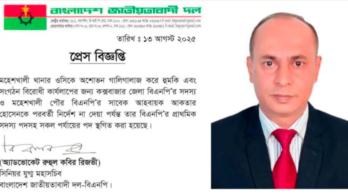 কক্সবাজারে ওসিকে হুমকি দেওয়া বিএনপি নেতার পদ স্থগিত