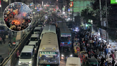 প্রগতি সরণিতে মুঠোফোন ব্যবসায়ীদের সড়ক অবরোধ, যান চলাচল বন্ধ