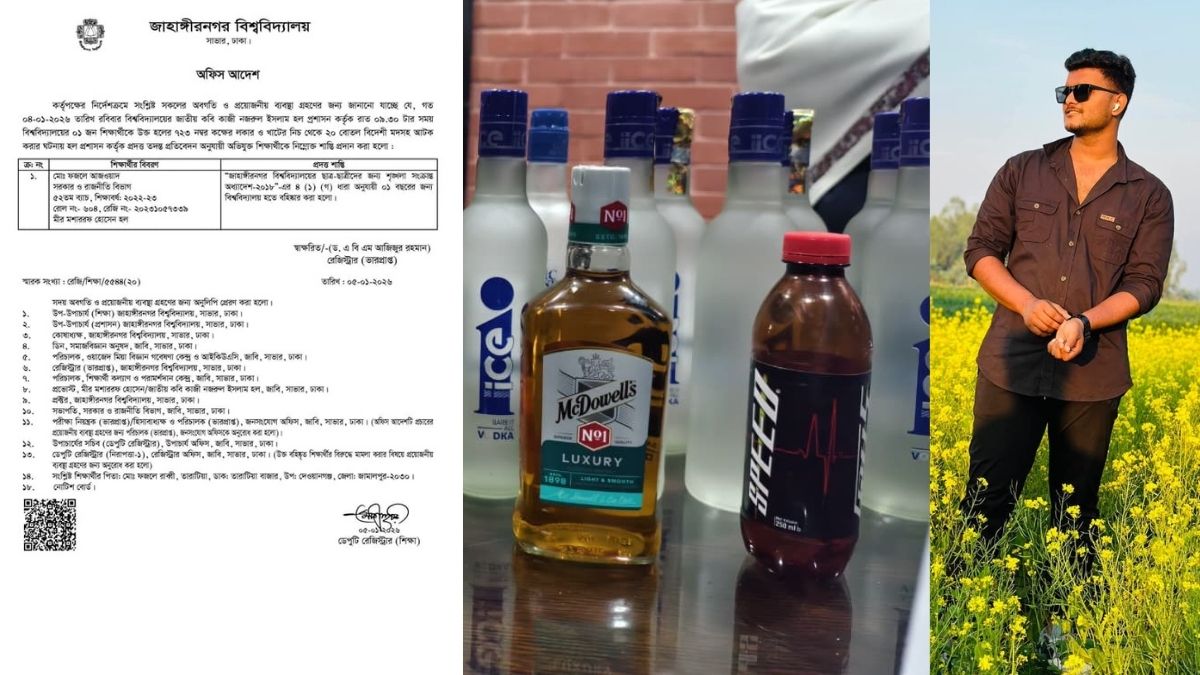 জাবির হল থেকে মদ জব্দের ঘটনায় শিক্ষার্থীকে এক বছরের জন্য বহিষ্কার